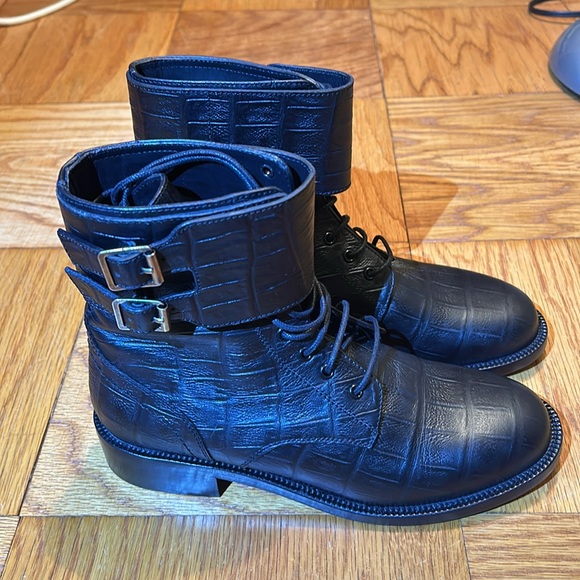 YSL Saint Laurent Crocodile Embossed Leather Combat Lace Up Boots - Picture 3 of 7